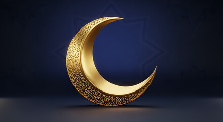 Golden Crescent Moon with intricate patterns on dark blue background, Islamic symbol