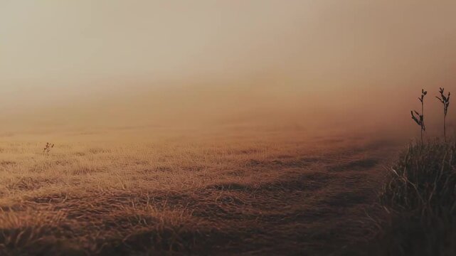 Fog blanketing a tranquil meadow creates an ethereal atmosphere, with the sun's warm glow filtering through the thick mist and illuminating the delicate blades of grass