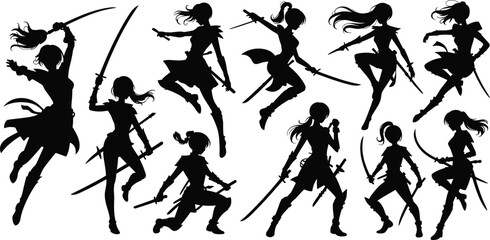 Set of black anime girl silhouettes holding swords and katanas, female warrior vector figures in action fighting poses for game design © Safiqul