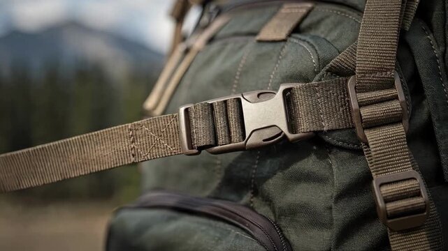 Focused view of an outdoor enthusiast adjusting a durable webbing strap on a rugged backpack showcasing functionality and secure attachment.