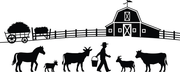 Black vector silhouette of a rural farm landscape with a barn fence farmer carrying a bucket horse cows and goats for agriculture branding © MdRubel