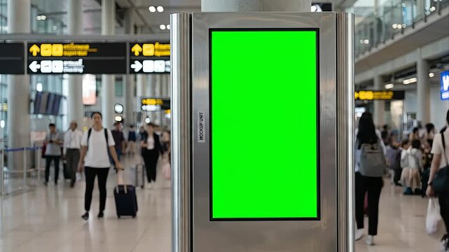 Busy airport terminal with green screen billboard for ads.