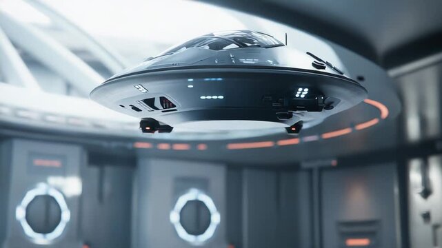 Sleek, advanced saucer shaped spacecraft floating gracefully inside a brightly lit, modern hangar, showcasing innovative design and future transportation technology
