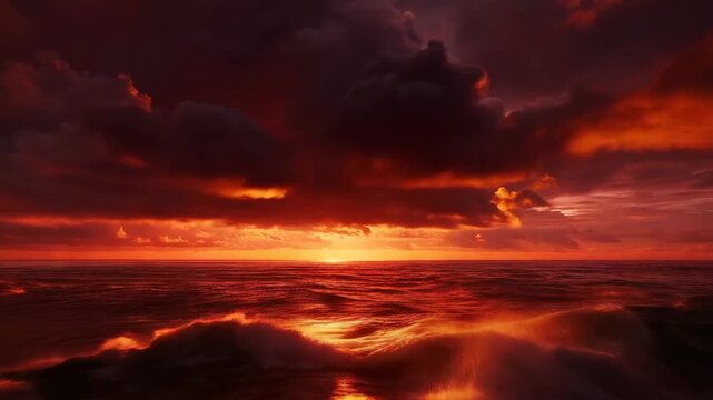 Fiery ocean sunset with dramatic dark clouds