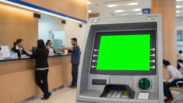 ATM green screen in bank lobby with customers at counter.