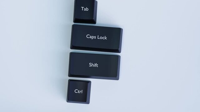 4K 3D Animation of Computer Keyboard Control Keys Including Caps Lock Shift and Ctrl on Minimal Background
