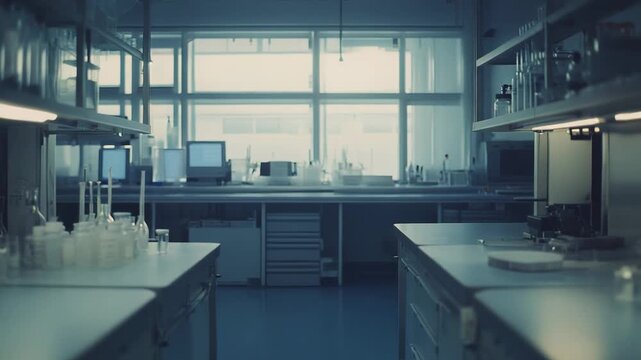 Sterile modern laboratory environment with various glass containers and scientific equipment on white countertops, reflecting the dedicated space for important research and chemical analysis