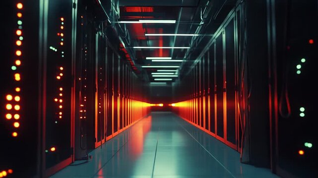 Modern server room hallway with rows of computing hardware and data storage infrastructure, representing cloud technology and digital information processing