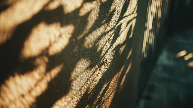 Sunlight creates a beautiful abstract pattern of organic leaf shadows on a rustic textured wall, evoking a feeling of calm and warmth in a natural outdoor setting during golden hour