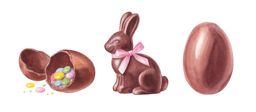 Watercolor chocolate Easter treats clipart set, chocolate bunny and eggs