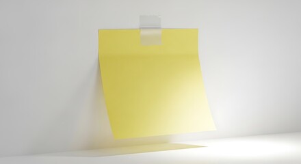 A single yellow sticky note adhered to a white surface casting a soft shadow