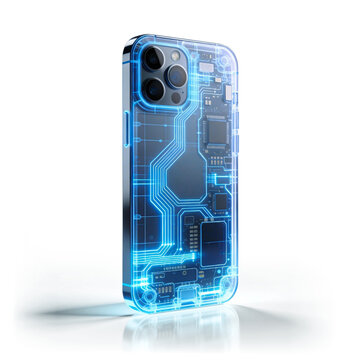 Advanced smartphone showing internal circuits representing rapid growth of mobile technology and innovation with transparent background and shadow