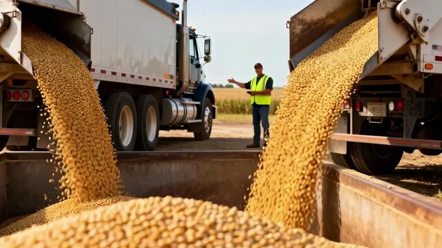 Medium shot of trucks unloading soybeans into an intake pit during daytime highlighting smooth agricultural logistics and busy farm operations.