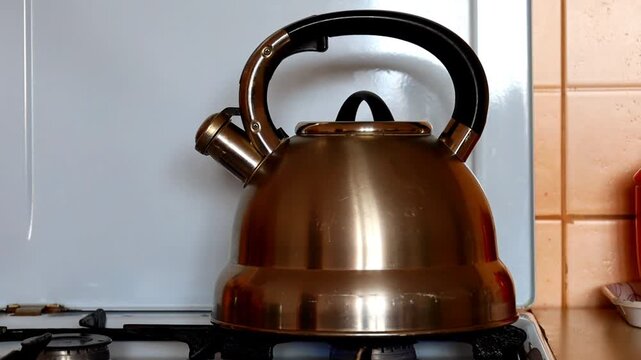 A metal kettle boils on a gas burner, releasing thick steam with a distinctive whistling sound. Hot water bubbles inside, signaling readiness for tea preparation.