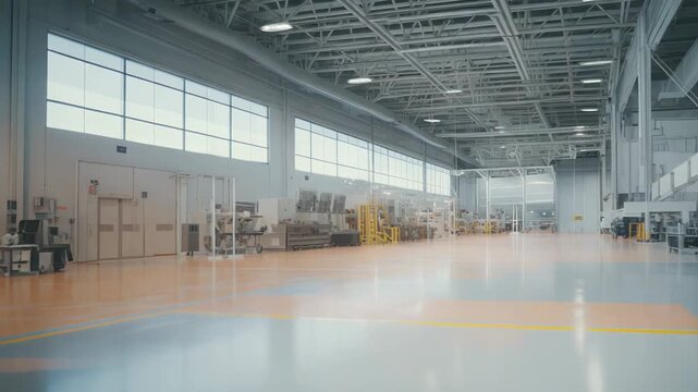 Large industrial facility interior featuring a clean concrete floor, high ceilings, large windows, and equipment for manufacturing and assembly, focusing on advanced production processes