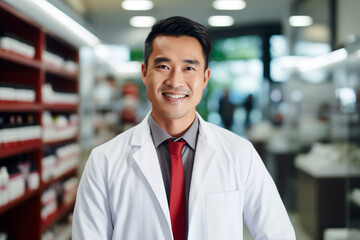 pharmacist asian man smiling in white coat and red tie