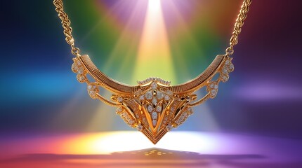 Elegant Golden Necklace Centered on Colorful Blue and Orange Backdrop