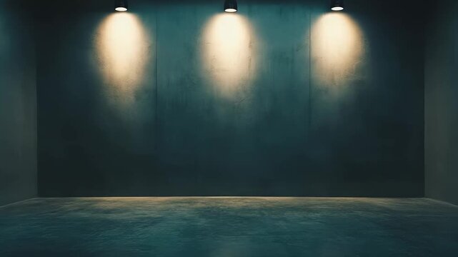 Dark empty room providing a minimalist background for displaying concepts or products, with three bright spotlights casting light on the textured concrete wall and floor