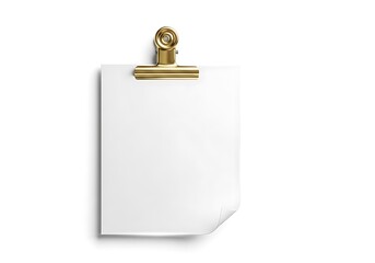 A gold binder clip holding a blank white sheet of paper isolated on white
