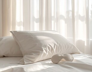 Obraz premium Minimalist bedroom still life with neatly arranged pillow, sleep mask, and soft morning light entering through curtains.