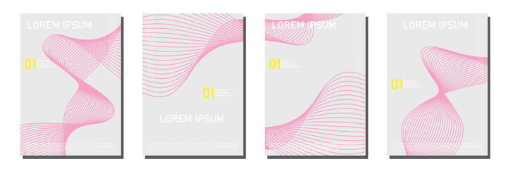 Set of four abstract minimalist poster designs featuring vibrant pink linear flowing waves mesh patterns on a clean light grey background for modern creative branding and professional digital layouts.