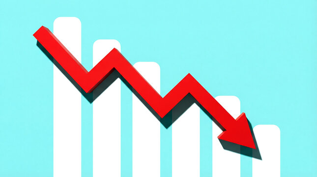 A red arrow pointing downward on a bar graph with a light blue background on transparent background