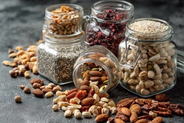 Fototapeta premium Jars Of Nuts And Seeds With Spices