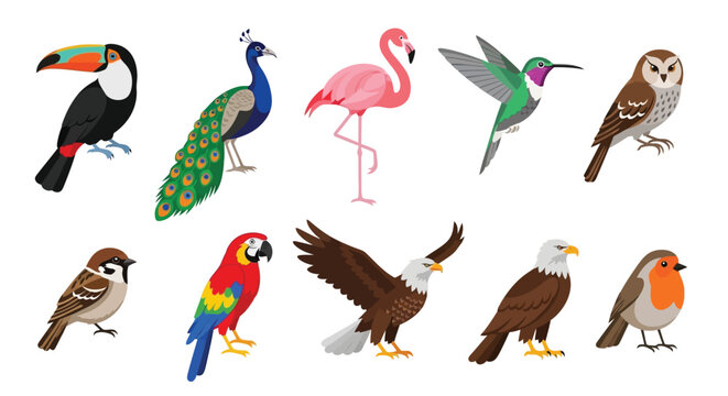 A colorful collection of various bird species in a flat design