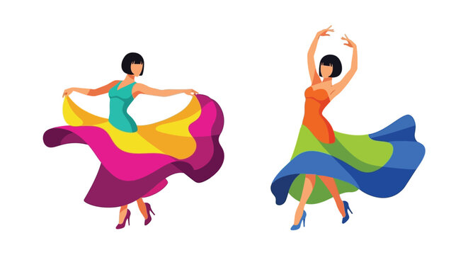 Two flamenco dancers pose with vibrant flowing dresses and elegant movements