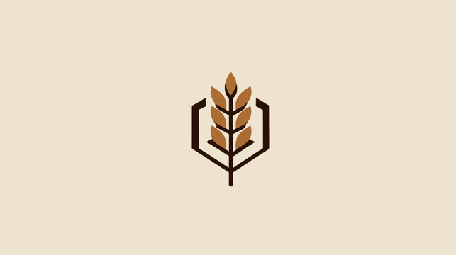 A simple, geometric logo features a stylized wheat stalk within a hexagonal frame on a tan background