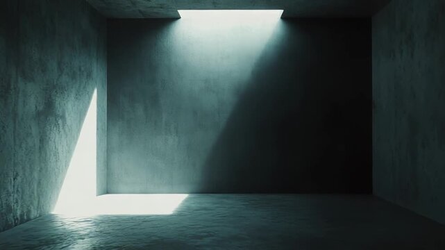 Light rays illuminating an empty room with rough concrete walls and floor, creating contrasting shadows and a sense of hope in the minimal architectural space