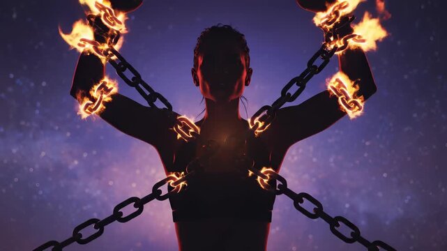 Silhouette of a person breaking free from chains with fiery energy against a vibrant starry night sky.