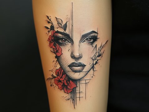 Striking black and red abstract portrait tattoo featuring intense eyes and blooming floral elements
