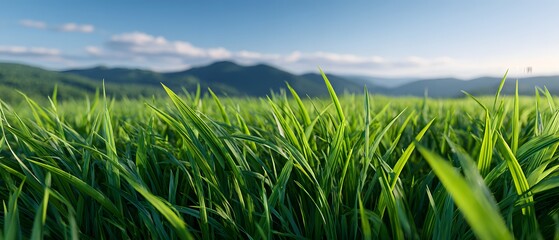 Fototapeta premium Grass sways gently in a field under a clear blue sky in springtime