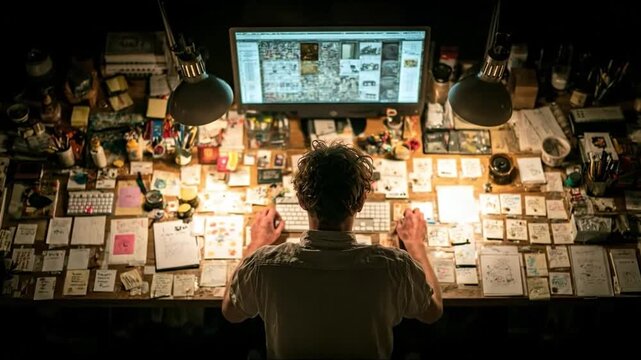 Person working at desk with many items overhead lighting computer screen