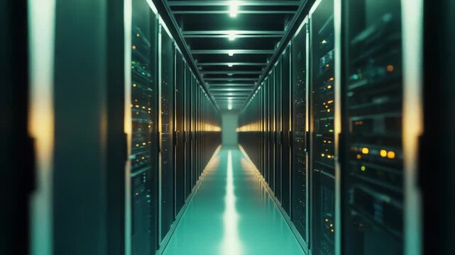 Server racks lining a long corridor, indicating robust network infrastructure, data storage solutions, and advanced cloud computing technology in a secure environment