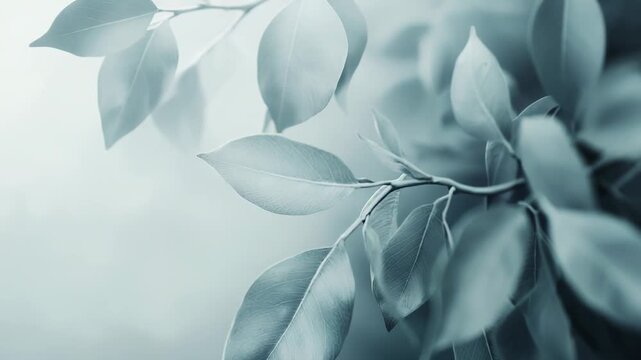 Lush green leaves on a plant branch elegantly reach into a soft, ethereal background, creating a serene and calming natural environment with a gentle gradient light