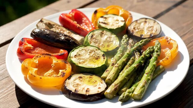 A vibrant platter of assorted grilled vegetables served outdoors on a sunny day. Healthy vegetarian barbecue meal with asparagus, zucchini, eggplant, and colorful peppers