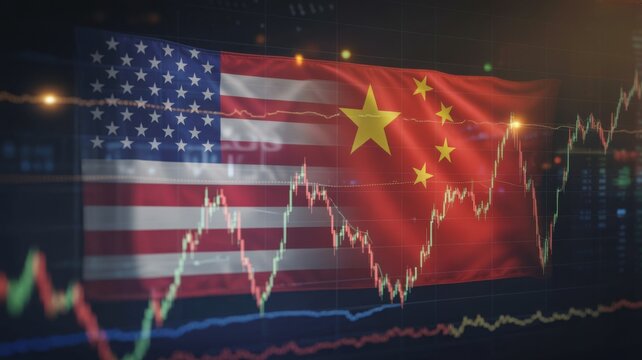 A conceptual illustration of USA and China flags with glowing golden stock market line charts