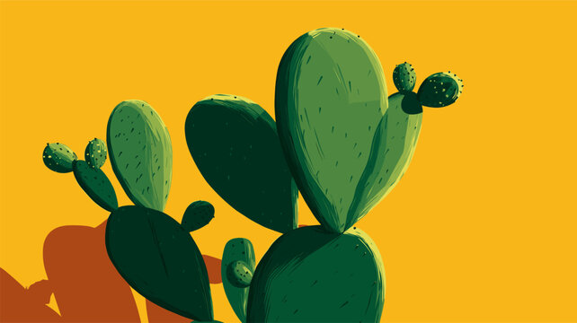 Nopal cactus pads growing with vibrant yellow background. Nopal cactus pads featuring simple graphic shape and casting shadow on yellow wall
