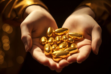 women hands hold gold shiny pills in close-up