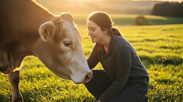 Young female farmer affectionately bonding with a gentle brown and white cow in a lush green pasture during a golden sunset.