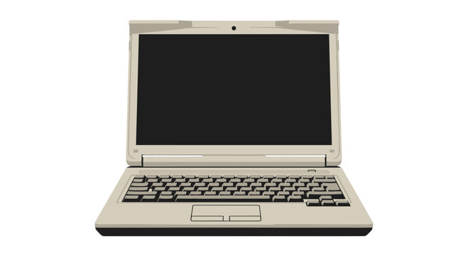 Vector illustration of a yellowed 90's laptop computer with black screen, isolated on white background