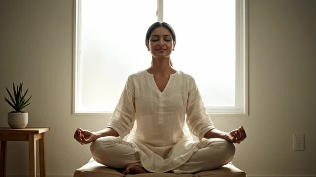 Peaceful south asian adult female practicing yoga meditation in a sunlit room for mental health. Serene sequence for wellness, balance, and spiritual retreat banners