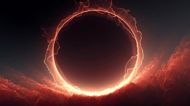 Red Glowing Portal Ring Over Dark Volcanic Nebula Clouds. Alien Atmosphere, Cosmic Gateway, Light Halo.