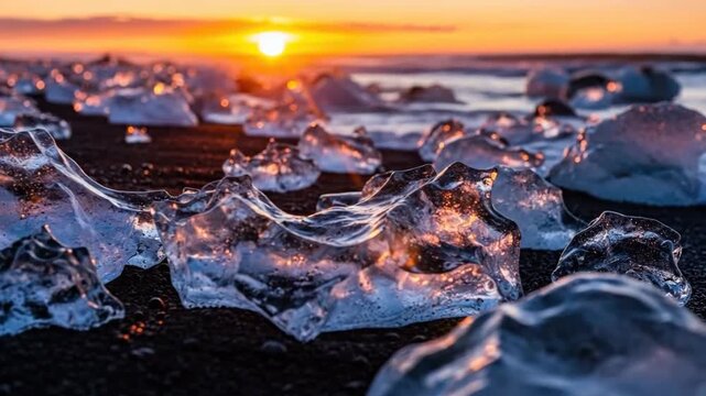 Chunks of ice are scattered on the black sand beach at sunset.
