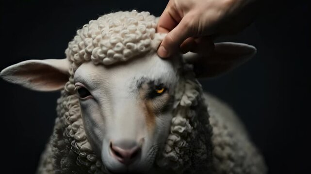 Conceptual image of a wolf revealing itself from under a sheep's fleece, symbolizing deceit or hidden danger.