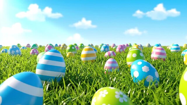 A beautiful spring landscape with countless colorful easter eggs hidden in the fresh green grass. Festive scene for a traditional holiday egg hunt under a bright blue sky