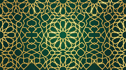 Luxury seamless golden Islamic geometric pattern on dark green background with glowing ornament