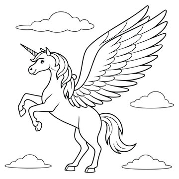 Coloring pages, fantasy art, tattoo designs, gaming assets, merchandise, book illustrations, Clean black and white line art, coloring page style, Minimal clouds suggesting sky/flight.